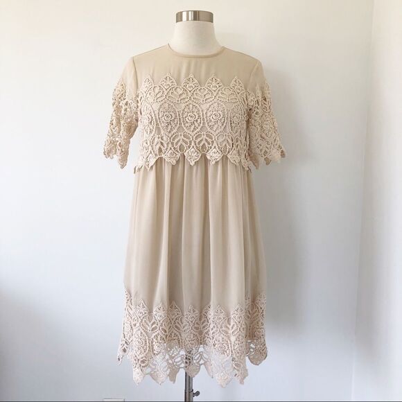 Miss Selfridge Beige Lace Empire Tunic Mini Dress Women Size 2 Romantic Lace - Picture 1 of 10